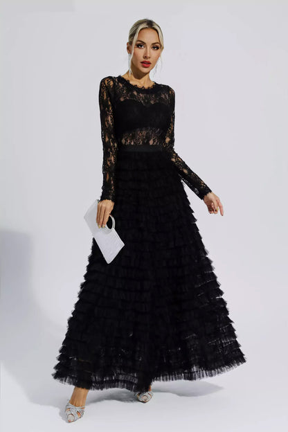 Black Hollow Lace A-line Maxi Dress