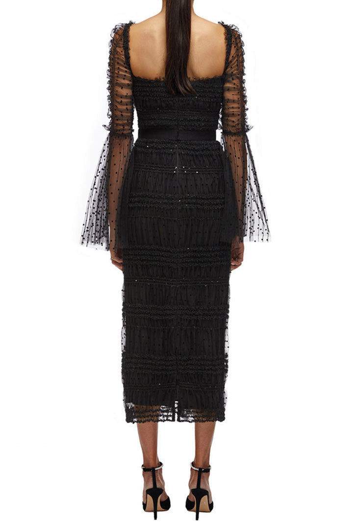 Black Square Neck Long Sleeve Lace Midi Dress