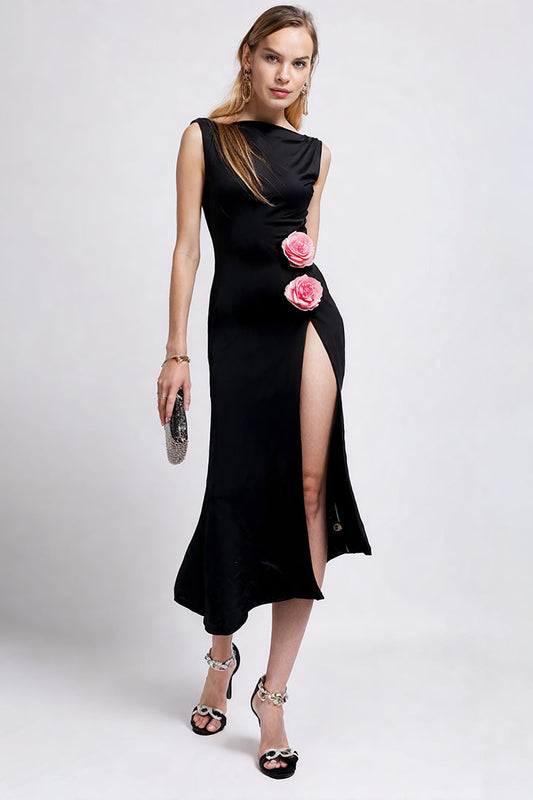 Black Pink Flower High Slit Maxi Dress