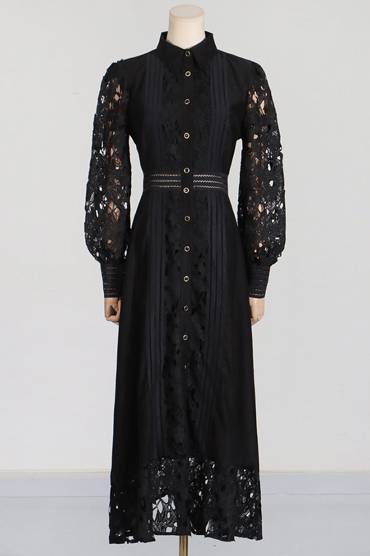 Lapel Lace Embroidery Long Dress