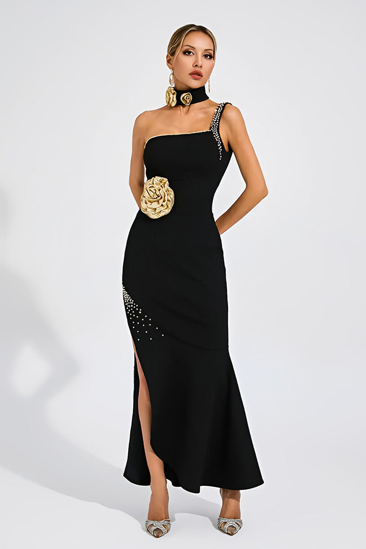 Elegant Black Single Strap Floral Embellished Maxi Dress