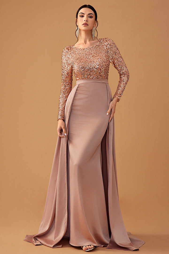 Elegant Round Neck Long Sleeve Sequin Long Dress