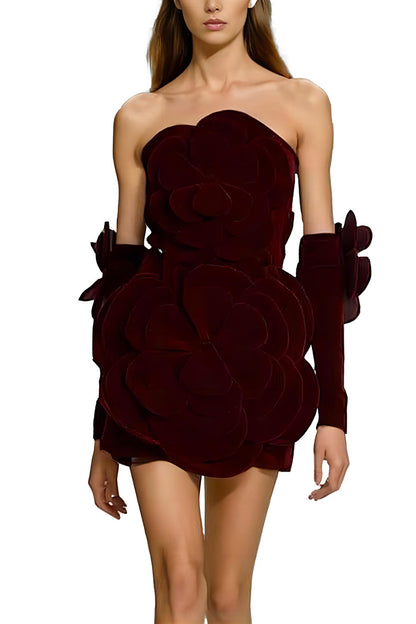 Wine Red 3D Floral Elegant Mini Dress