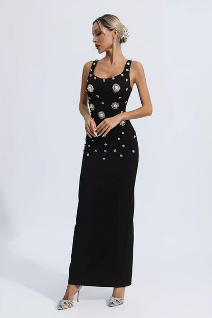 Black Embellished Diamond Maxi Dress