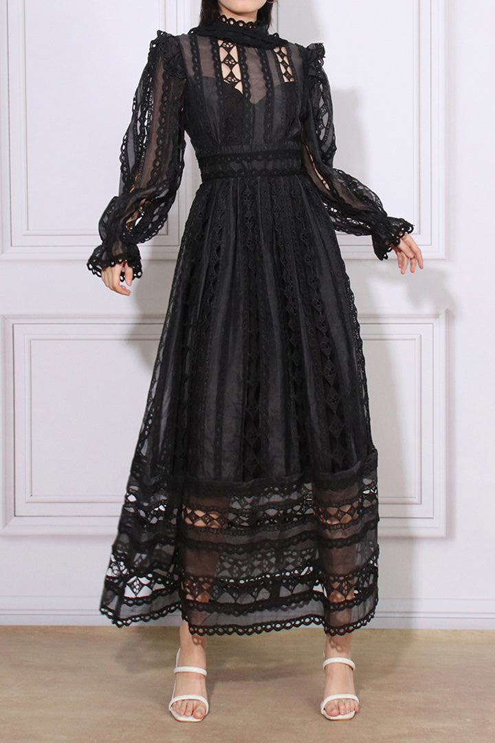 Vintage Embroidered Hollow Long Sleeve Midi dress