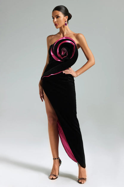 Velvet Flower Slit Maxi Dress