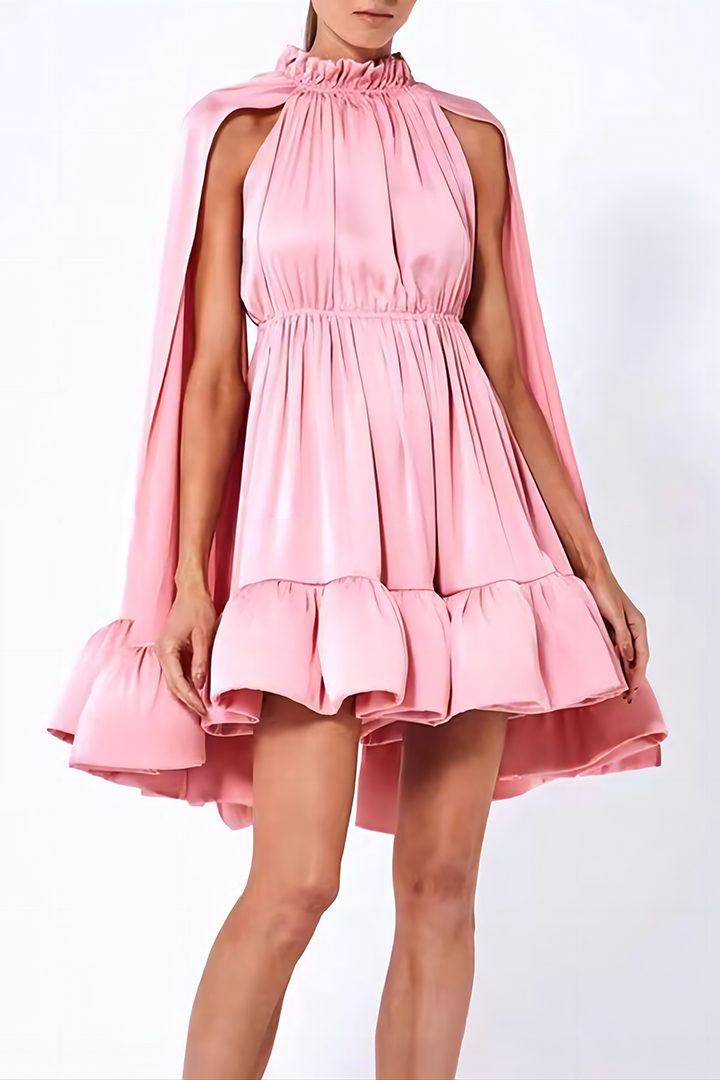 Elegant Pleated Cape Style Ruffle Short Dress