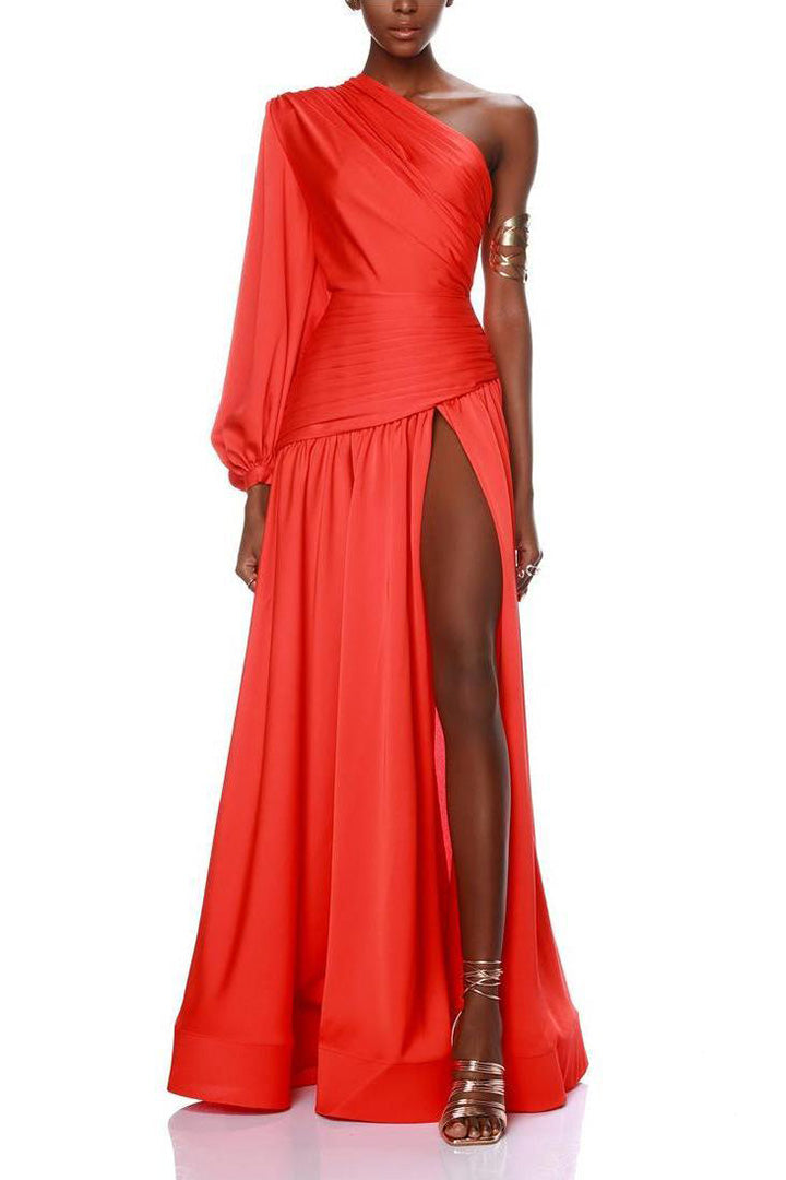 Red Satin Pleat One-Shoulder Long Sleeve Maxi Dress