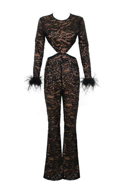 Black Backless Beaded Feather Jumpsuit