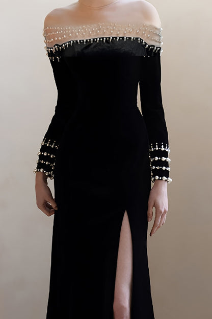 Black Strapless Beaded Embellished Maxi Dress