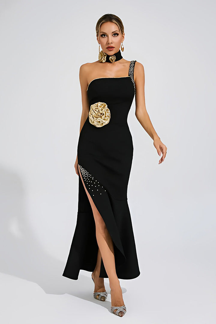 Elegant Black Single Strap Floral Embellished Maxi Dress