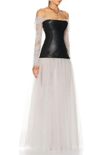 White Mesh PU Patchwork Sheath Maxi Dress