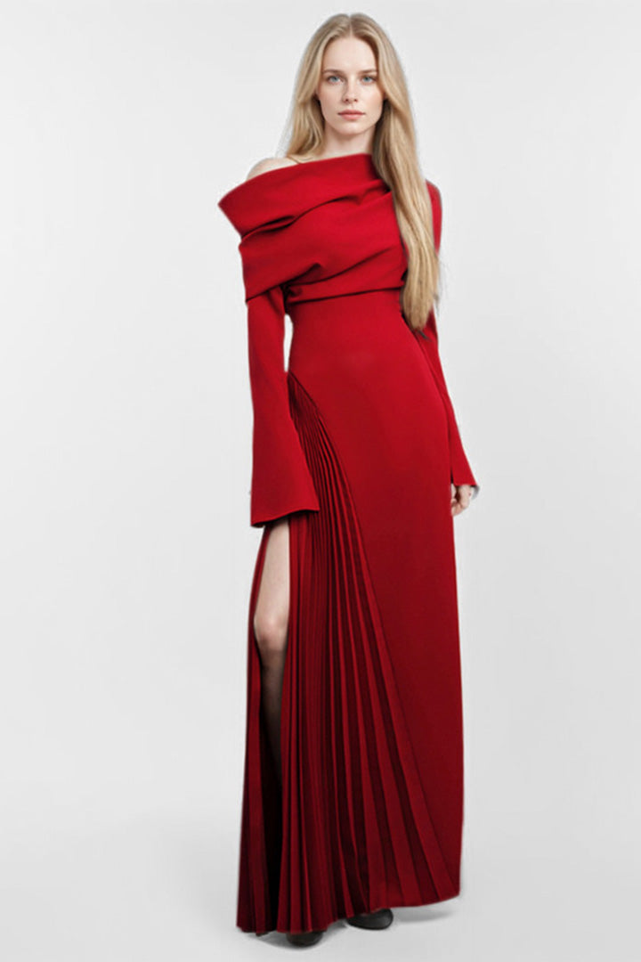 Pleated Spliced Irregular Slit Long Skirt