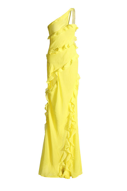 Yellow Slant Shoulder Wooden Earring Split Maxi Dress