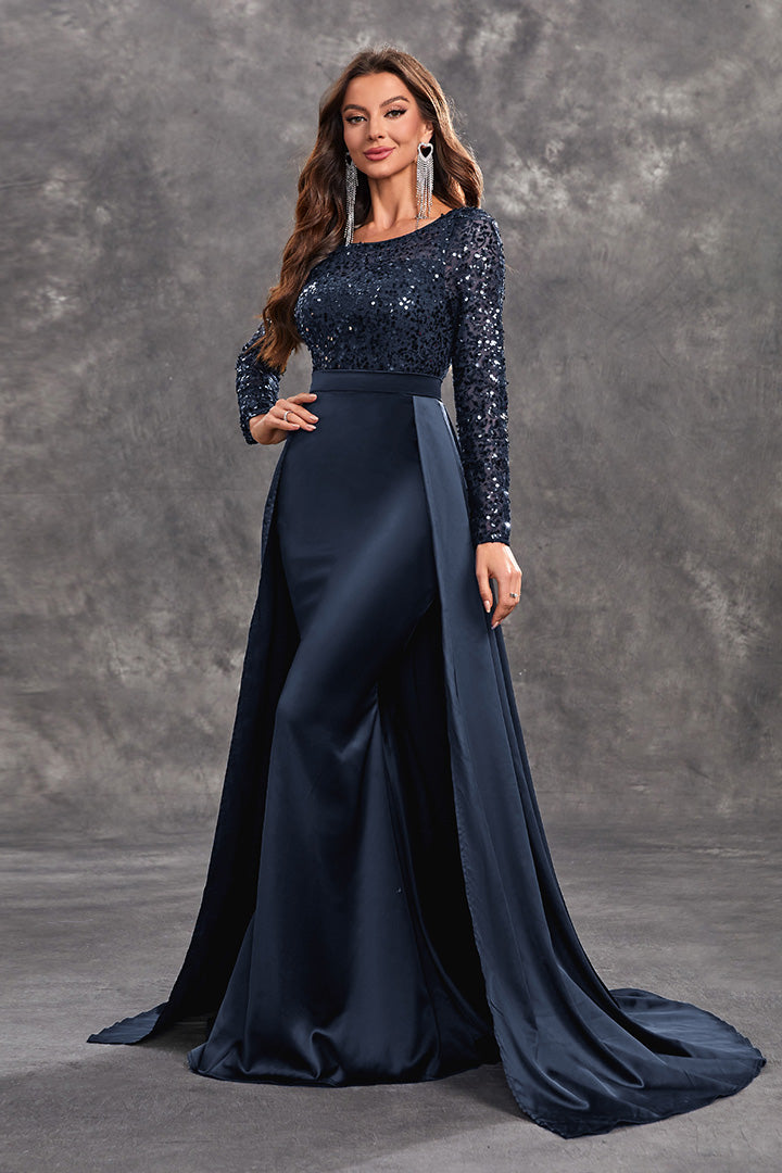 Elegant Round Neck Long Sleeve Sequin Long Dress