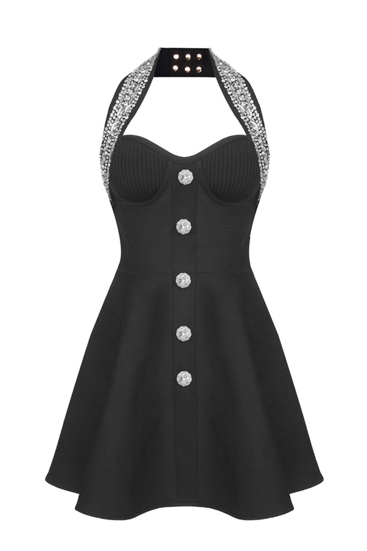 Black Sleeveless Heavy Beaded A-line Mini Dress