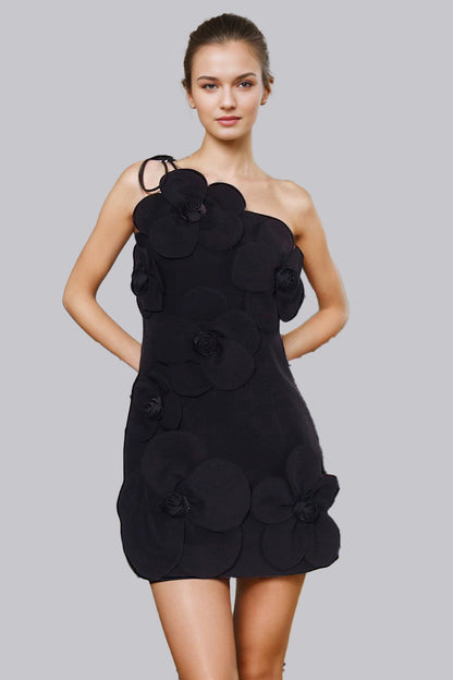 One Shoulder 3D Flower Mini Dress