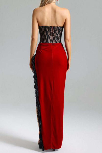 Wine Red Sheath Ruffle Lace Split Velvet Patchwork Maxi Dress