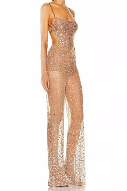 Apricot Backless Sheer Rhinestone Jumpsuit