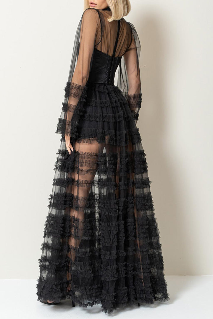 Lace Splicing Mesh Cake Long Dress