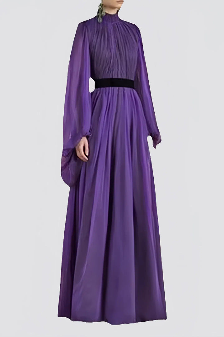 Purple Pleated Long Sleeve Maxi Dress