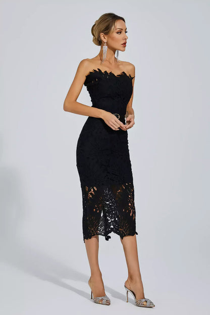 Black Floral Lace Midi Dress