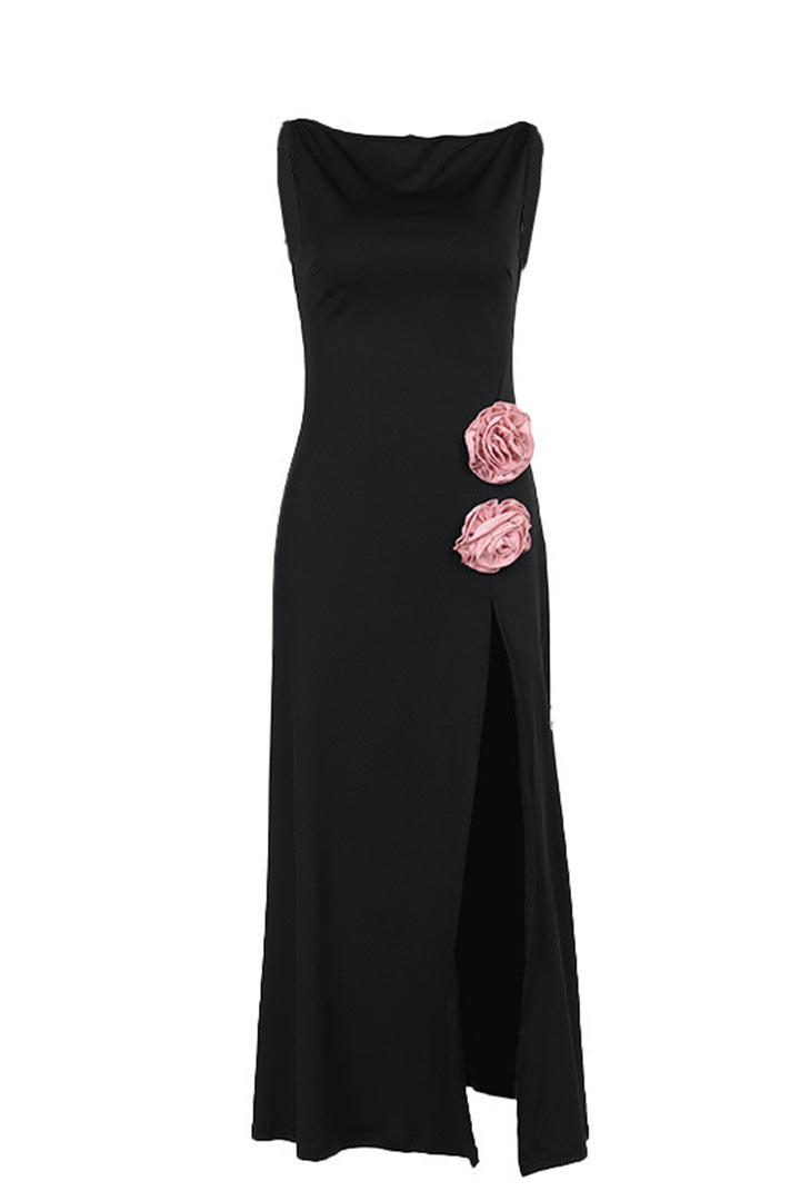 Black Pink Flower High Slit Maxi Dress