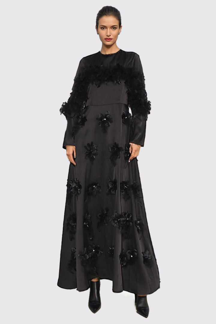 Black Long Sleeve Patchwork Feather Floral Maxi Dress