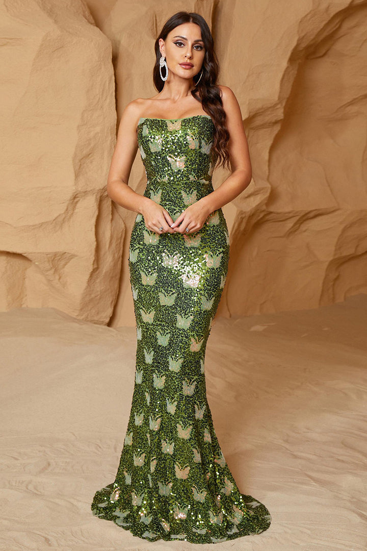 Green Sheath Sequined Fishtail Maxi Dress