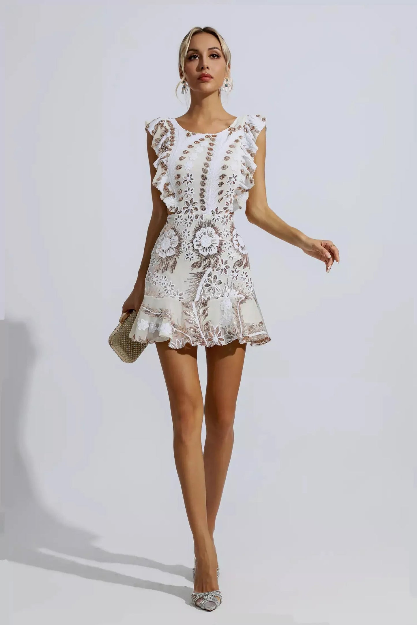 White Ruffle Floral Cutout Mini Dress