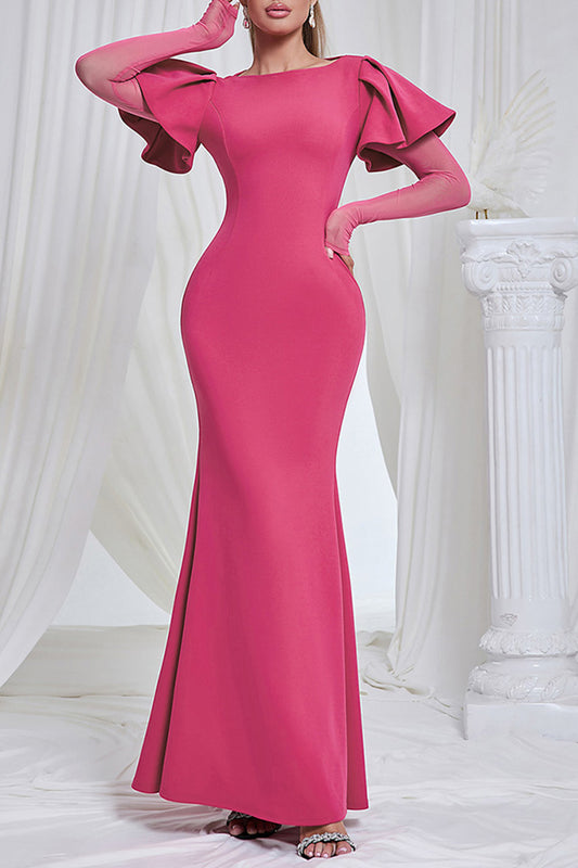 Rose Red Round Neck Ruffle Long Sleeve Maxi Dress