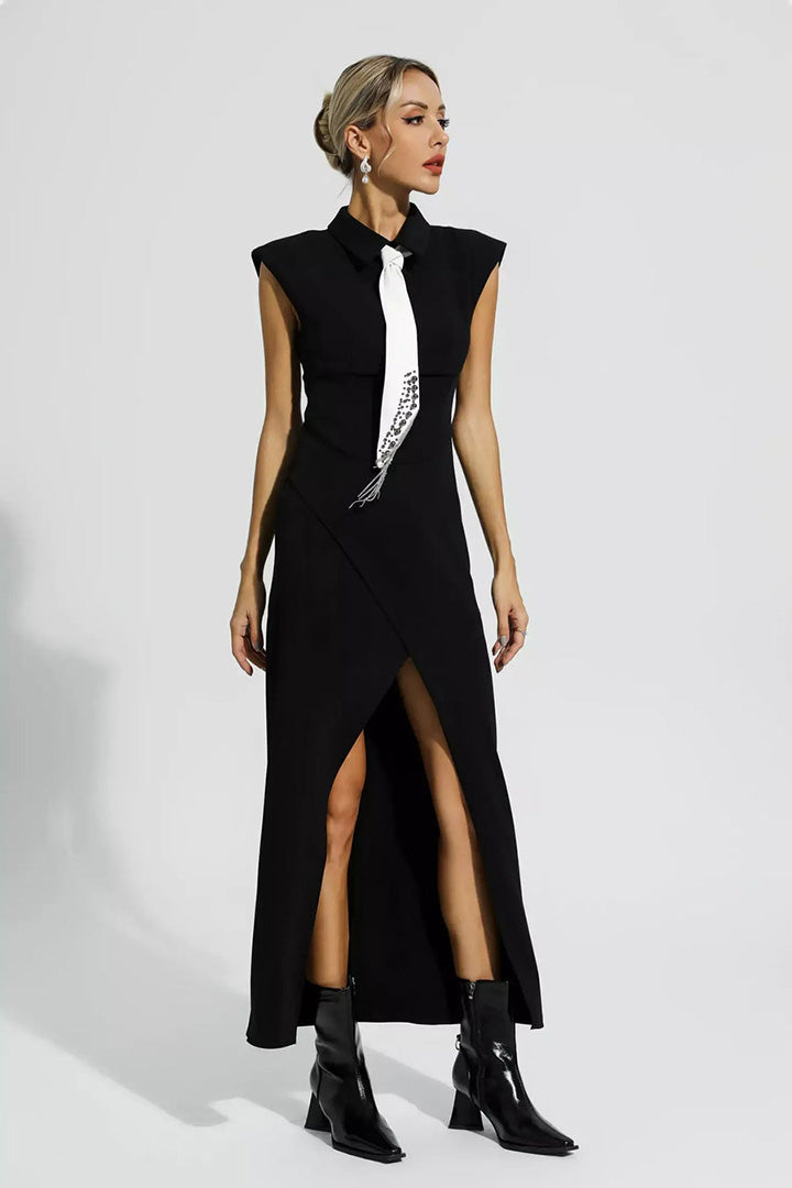 Black Commuter Tie Slit Dress