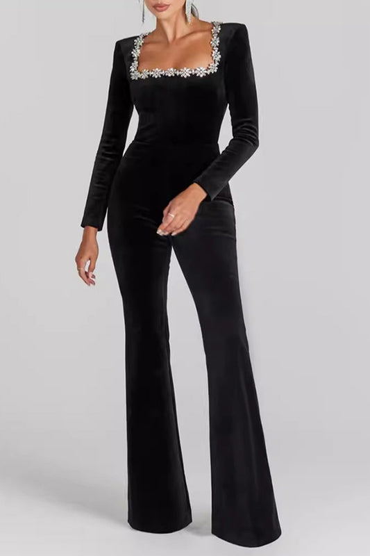 Diamante Square Neck Flared Jumpsuit