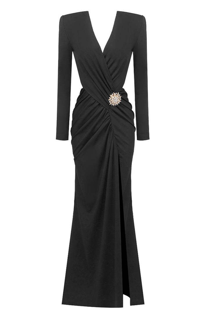 Long Sleeve Drawstring Cutout Crossover Maxi Dress