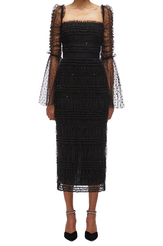 Black Square Neck Long Sleeve Lace Midi Dress