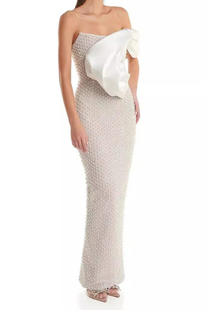 White Satin One Shoulder Embroidered Beaded Maxi Dress