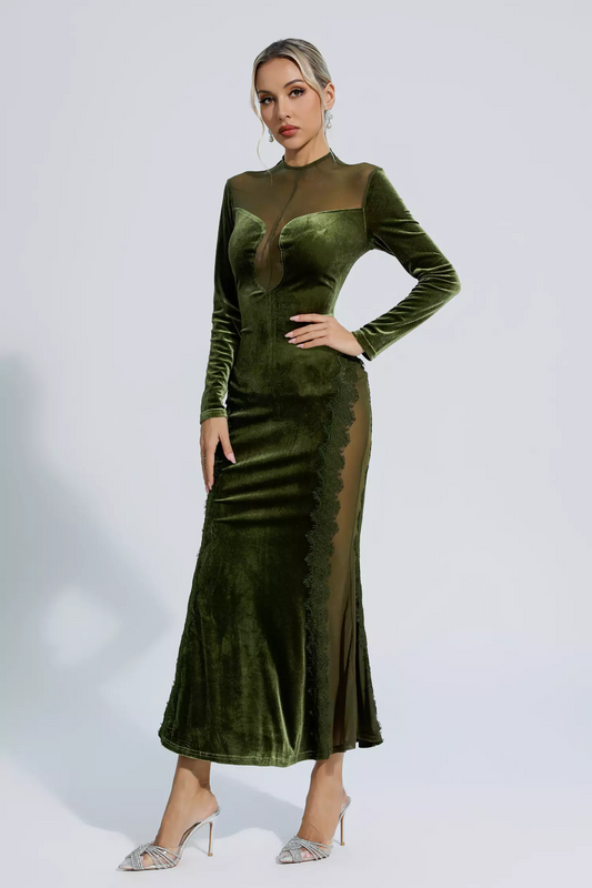 Green Mesh Long Sleeve Maxi Dress