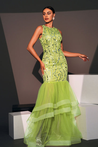 Green Sequin Mesh Patchwork Fishtail Maxi Dress