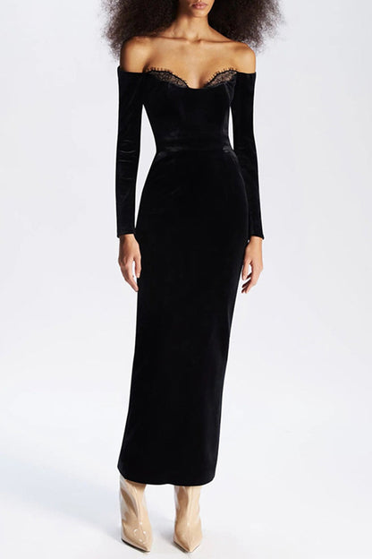 Black Long Sleeve Lace Velvet Long Dress