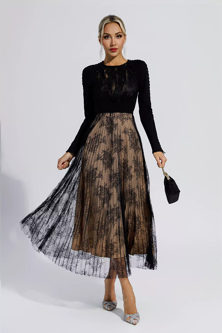 Black Lace Long Sleeve Maxi Dress