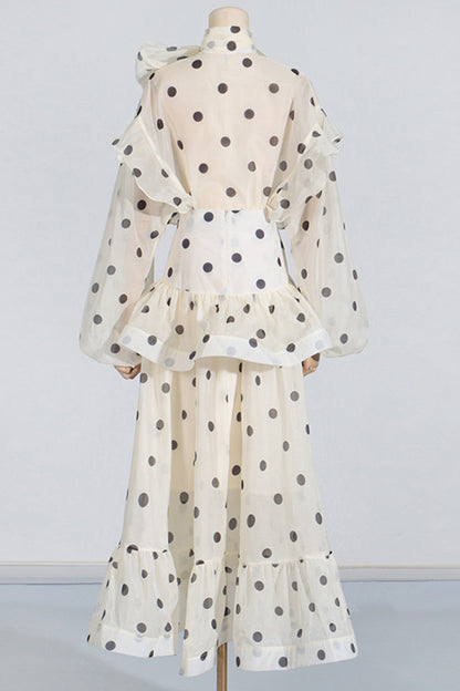 Apricot Ruffle Shirt Polka Dot Long Dress Set