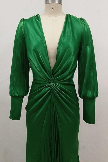 Green Elegant Long-sleeved Waist Pleated Maxi Dress