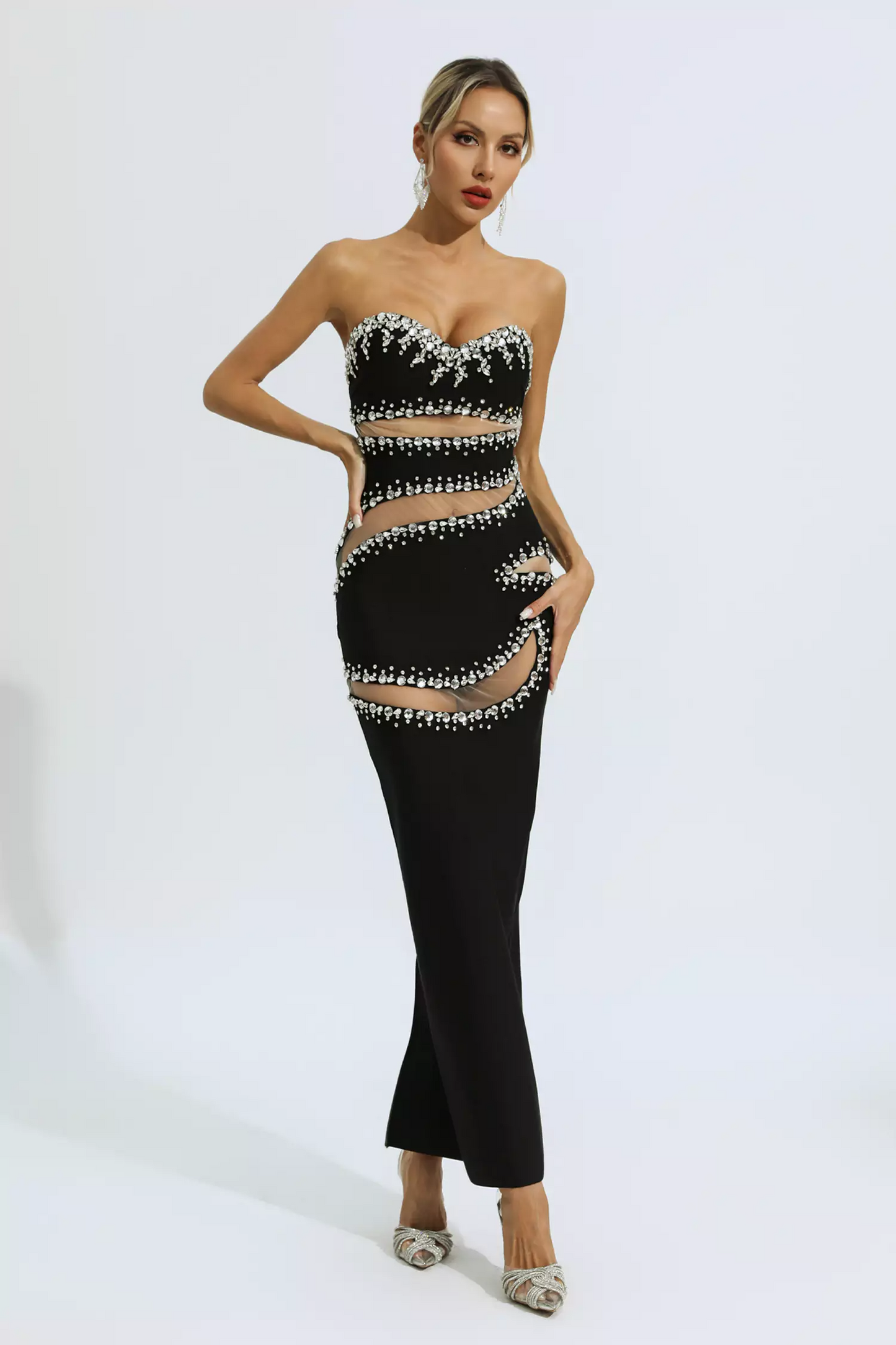 Black Beading Mesh Bandage Dress