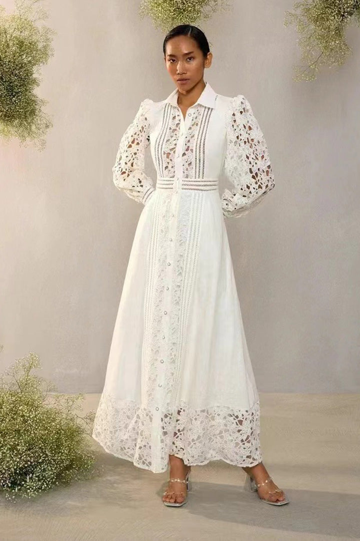 Lapel Lace Embroidery Long Dress