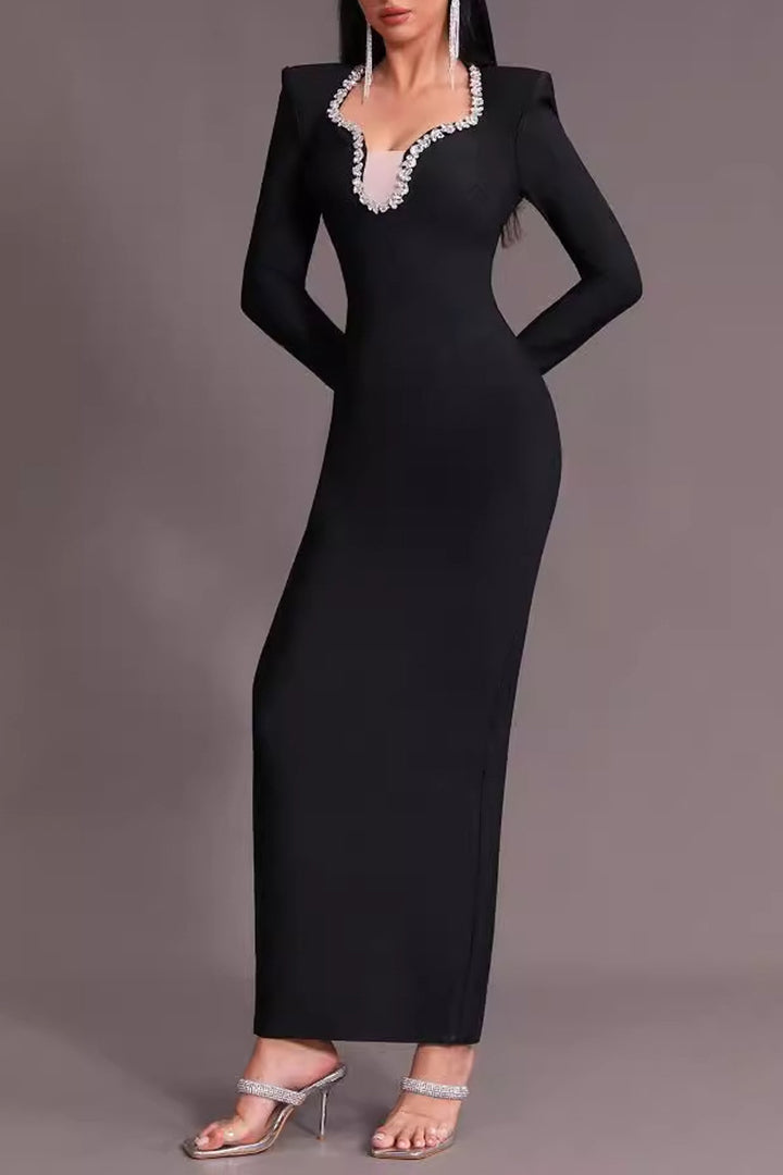 Long Sleeve Diamond Embellished Maxi Dress