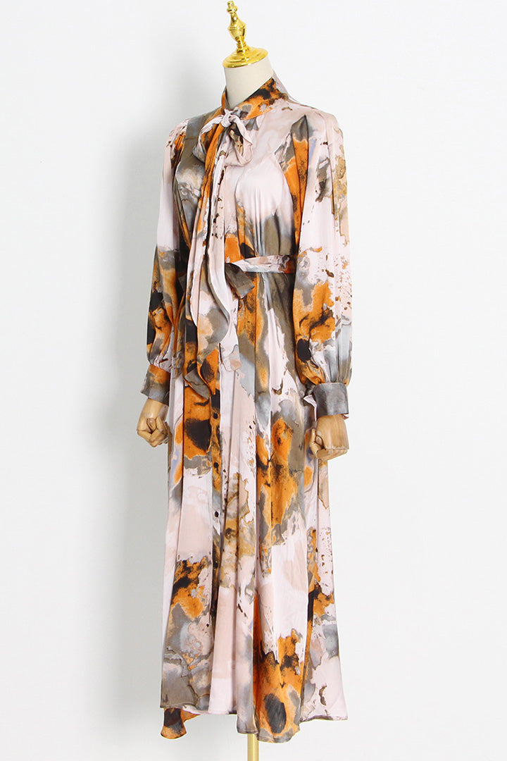 Green Floral Tie Dye Long Sleeves Maxi Dress