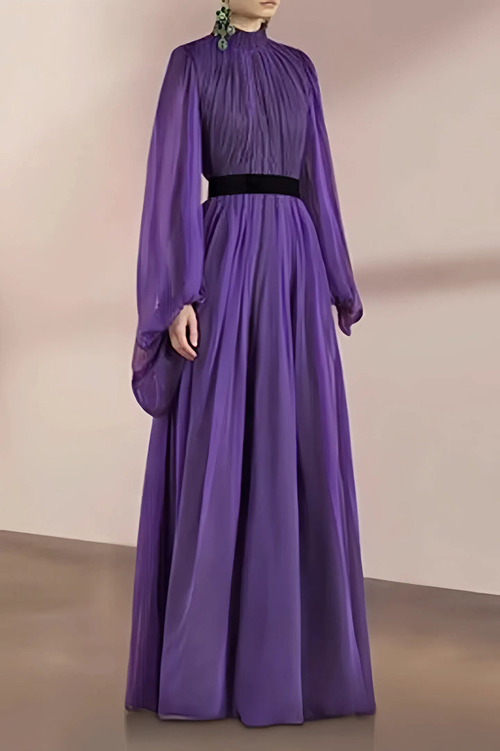 Purple Pleated Long Sleeve Maxi Dress