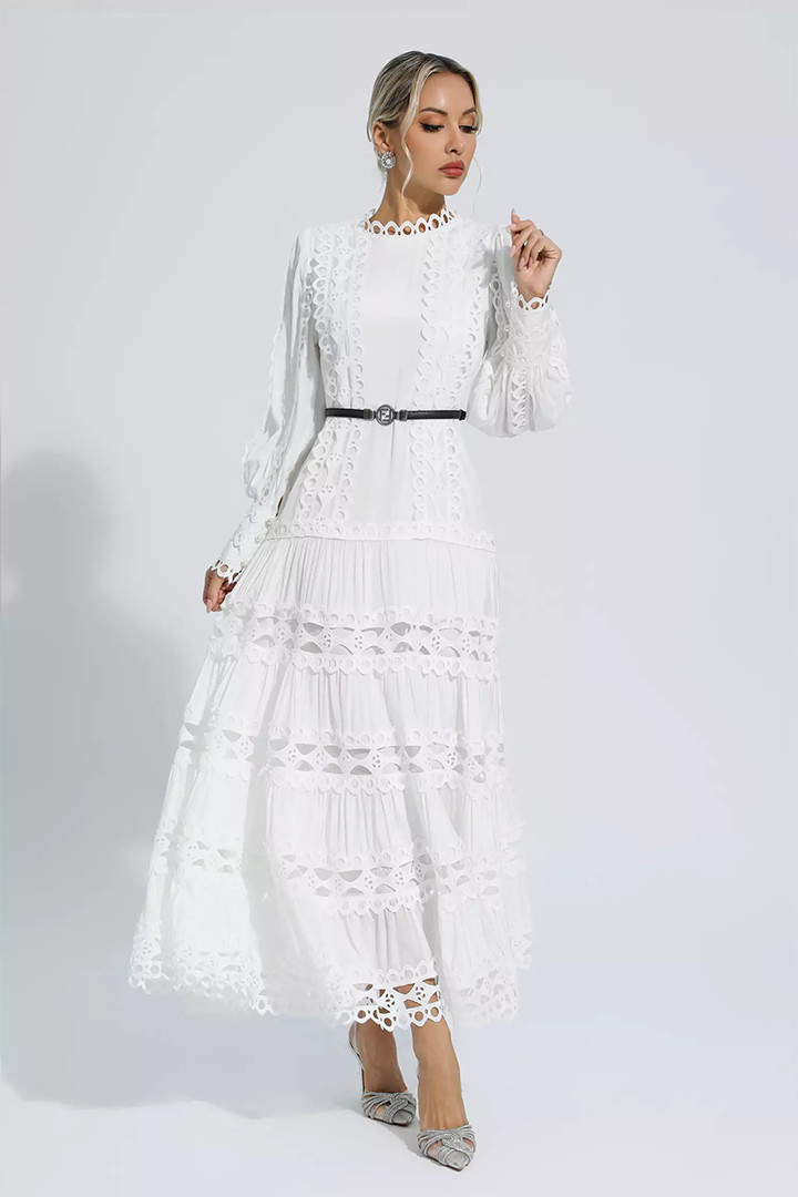 White Hollow Ruffle Maxi Dress