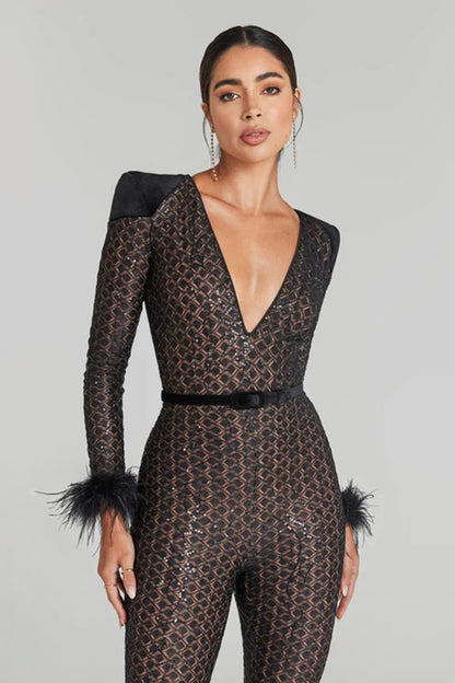 Black Lace Sequin Feather Bandage Jumpsuit