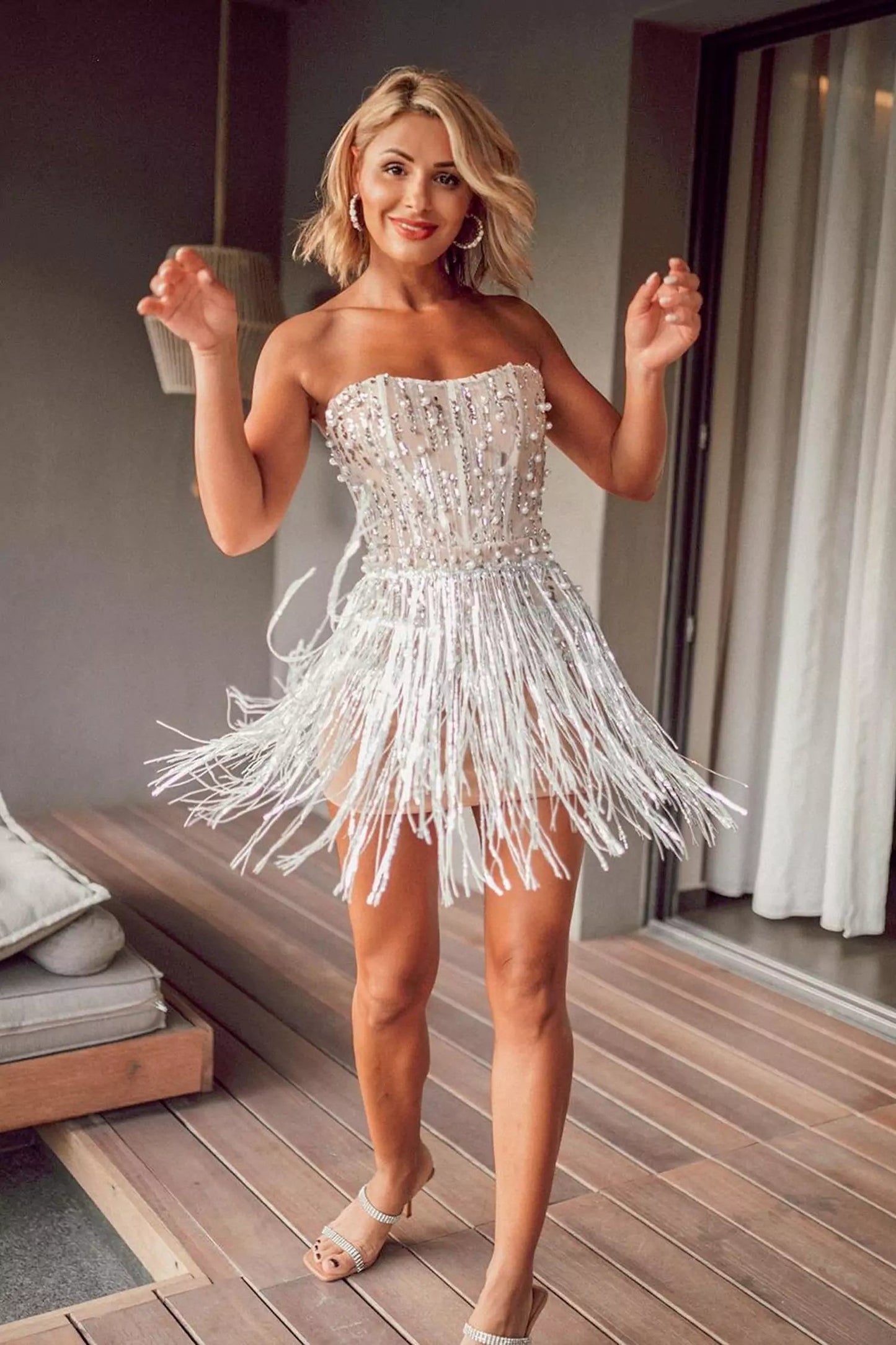 Silver Pearl Sequin Tassel Mini Dress